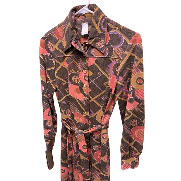 Vtg 60s 70s Long Sleeve Geometric Print Belted Dress Size 10 (Runs Small or XS) - Picture 1 of 8